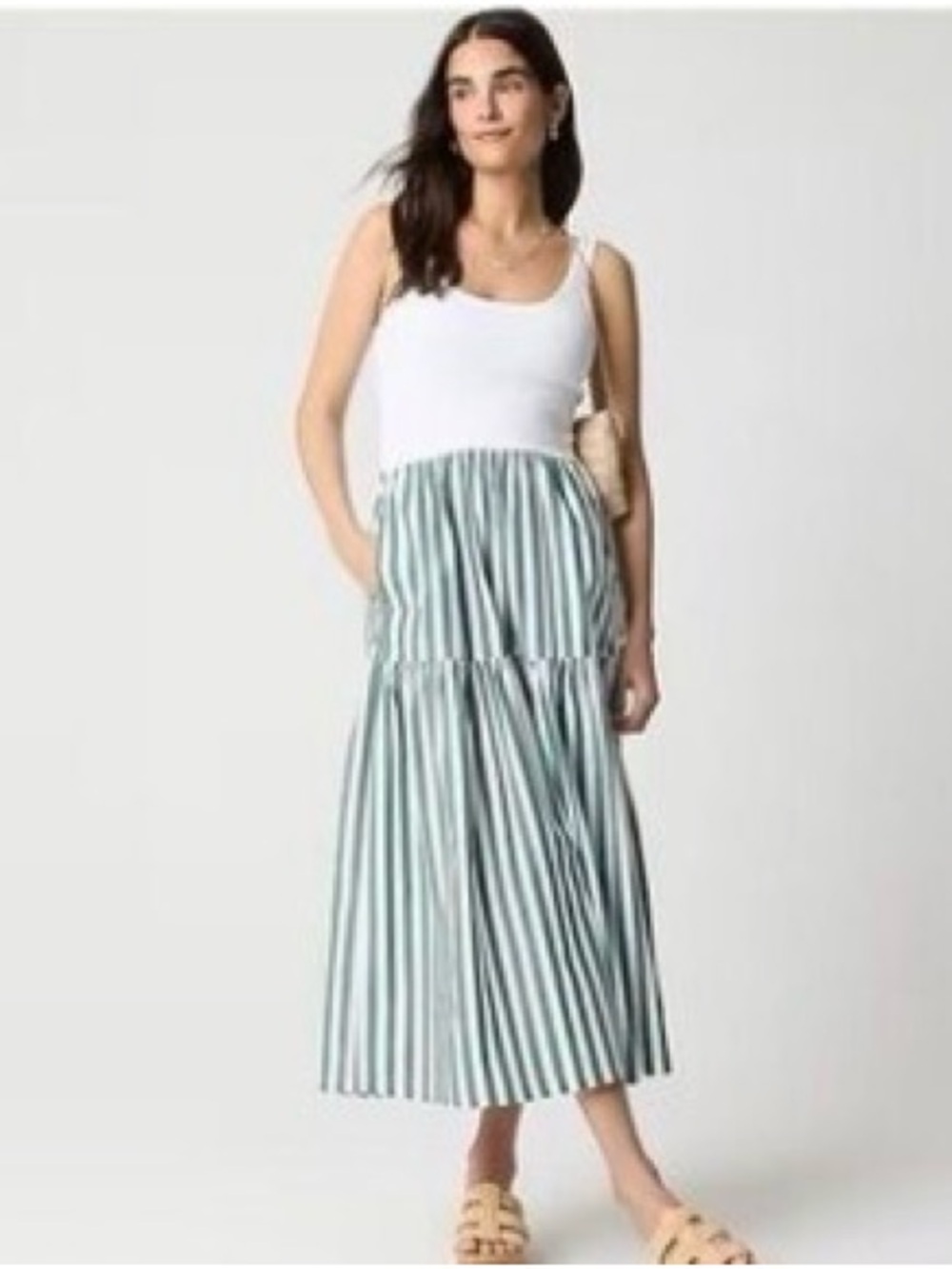 J. Crew White Tank Maxi Dress with Green and White Striped Skirt